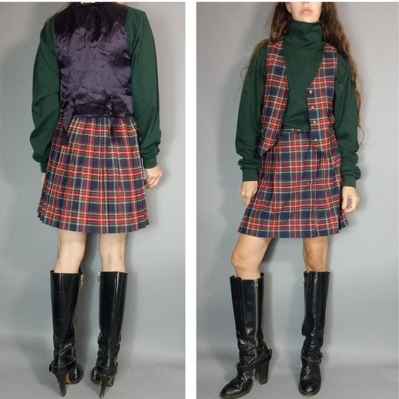 Vintage 90s Plaid Vest Skirt Set xs s - Picture 2 of 8
